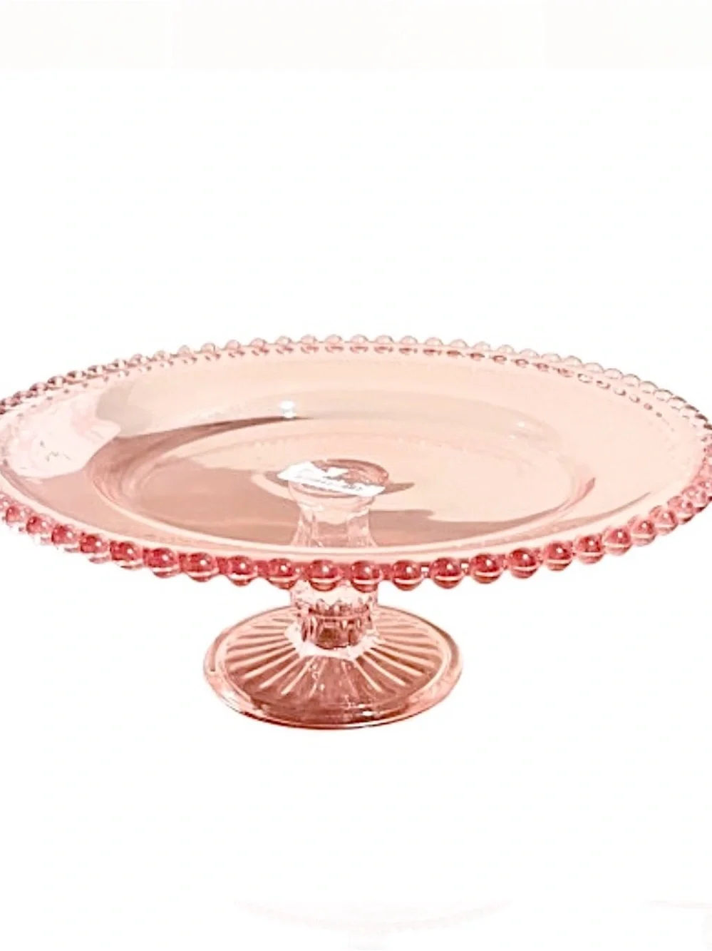 🆕- Pink Glass Pedestal Cake Stand with Beaded Hobnail Edge